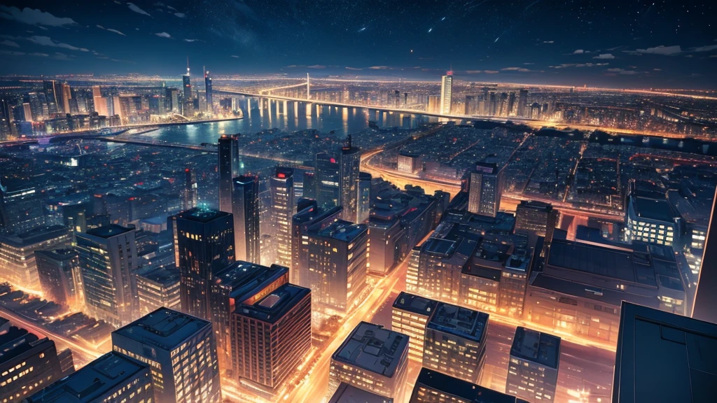 Create an city center scene on a rooftop at night, with the City skyline visible in the distance and a low glow coming from the streets below. Use Lo-fi aesthetic in the style of Katsuhiro Ôtomo anime.

(Highest quality,4K,8K,High resolution,masterpiece:1.2),Super detailed,, High resolution,超High resolution,Studio Lighting,Ultra-fine painting,Sharp focus,Physically Based Rendering,Very detailed explanation,Professional,Vibrant colors,Bokeh, Portraiture,landscape,Horror,anime,sf,photograph,Concept Artist, Lo-fi aesthetic, rooftop scene, city center, City skyline, Night view, Distant lights from the street below, Katsuhiro Ôtomo anime style