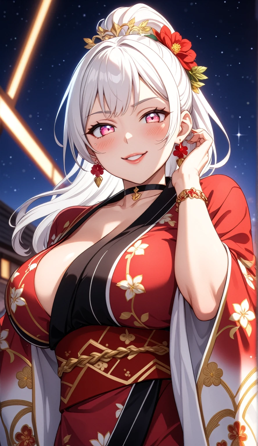 ((One personの女性)), Beautiful Face, (seductive smile),((Wink:1.9)),Laugh with your mouth wide open((Bright red cheeks:1.4)),Shiny red lips,night,rooftop,Festive decorations,You can see the ocean, Starry Sky,Laughing with your mouth open,Glossy pink lips,Facial lighting,((Anime style background)),masterpiece, Highest quality, so beautiful,up to date, Complex details, (Pink long nails),(ring),(bracelet),(choker),AI-generated, Complex,High resolution, Highest quality, super high quality,3D Images、3D Images,One person,Long white hair,High Ponytail,(White eyes),Anime woman posing for a photo, ((Fine grain、Silvery white colorful eyes、Shining Eyes:1.4)),(Squint your eyes:1.1),a hyperRealistic , hyperRealistic , Realistic,Anime woman with long white hair, Smooth anime CG art, A woman in a colorful kimono with gold embroidery, (Black long sleeve kimono),Red floral pattern,Long flower hair ornament,big floral earrings,Mature Body,(Big Breasts:1.1),expensive,Abdominal muscles,Tight waist,(Zoom up to face:1.7),Shooting from diagonally below