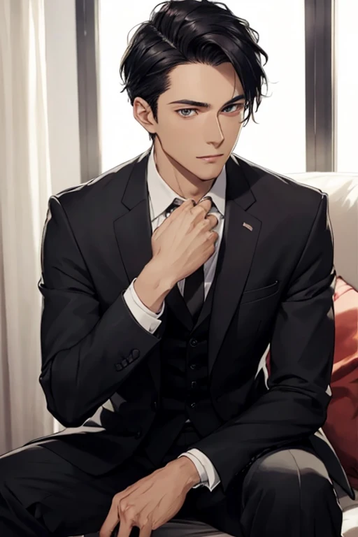 A handsome dark-haired young man,Sitting in a small living room,Wearing a black suit,Looking intently at the envelope in his hand。Tranquility,Soft lighting,The young man's face is calm and firm,The envelope is printed with exquisite patterns,Mysterious and important。The whole picture is dominated by black,It creates an atmosphere of mystery and elegance。