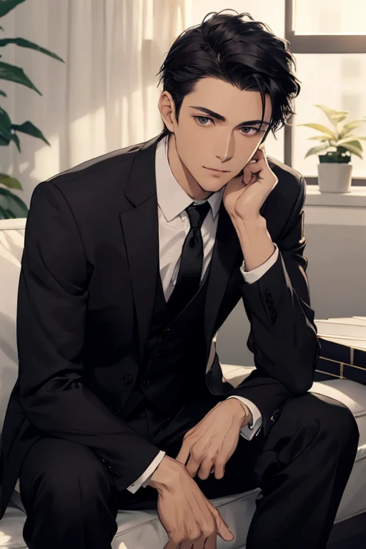 A handsome dark-haired young man,Sitting in a small living room,Wearing a black suit,Looking intently at the envelope in his hand。Tranquility,Soft lighting,The young man's face is calm and firm,The envelope is printed with exquisite patterns,Mysterious and important。The whole picture is dominated by black,It creates an atmosphere of mystery and elegance。