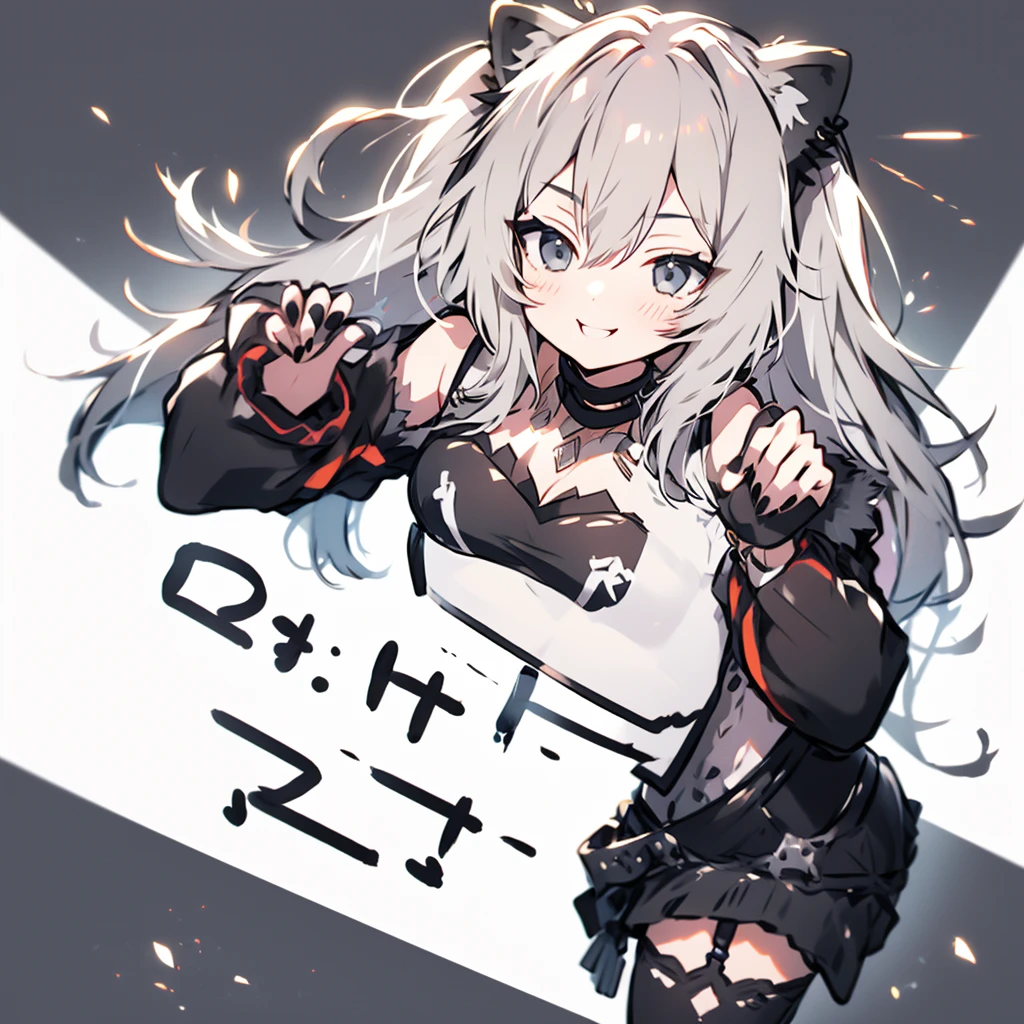 absurdres, highres, best quality, Botan, black top, fur-trim, oionlion ears, messy hair, skirt, messy hair, grey eyes, grey hair, long hair, black nails, sharp nails, dynamic pose, sexy pose, seductively smile, blush, hands behind back,