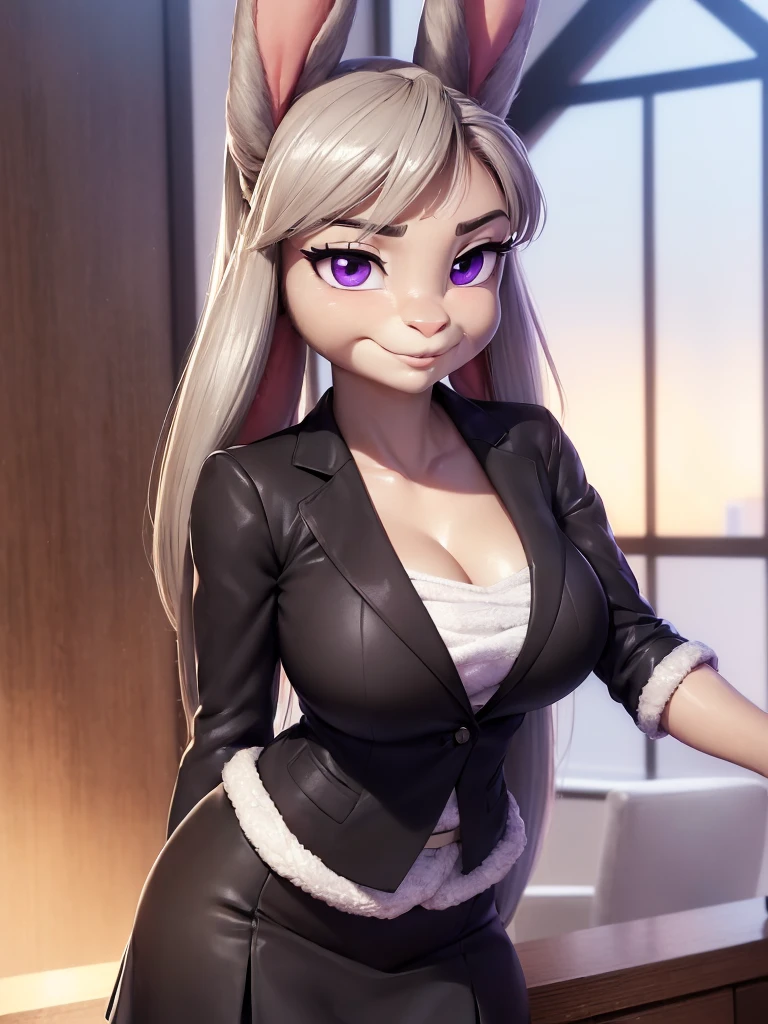 best quality,
masterpiece,
3D anime,
(((solo))),
(((1girl))),
((Face is JudyHopps)),
(long ears like a rabbit:0.8),
Heir is in a black ponytail style,
Her eye color is purple,
Body is human lady,
She is a new employee,
Hers outfit is business suit,
She is wearing a black jacket over a white blouse,
(She is wearing a black skirt:1.2),
(the suit is made of wool:1.4),
((skin is silver with fluffy and fluffy)),
(portrait view),
In the background there is office, 
((Her cheeks are red)),
((she is taking off her jacket))
