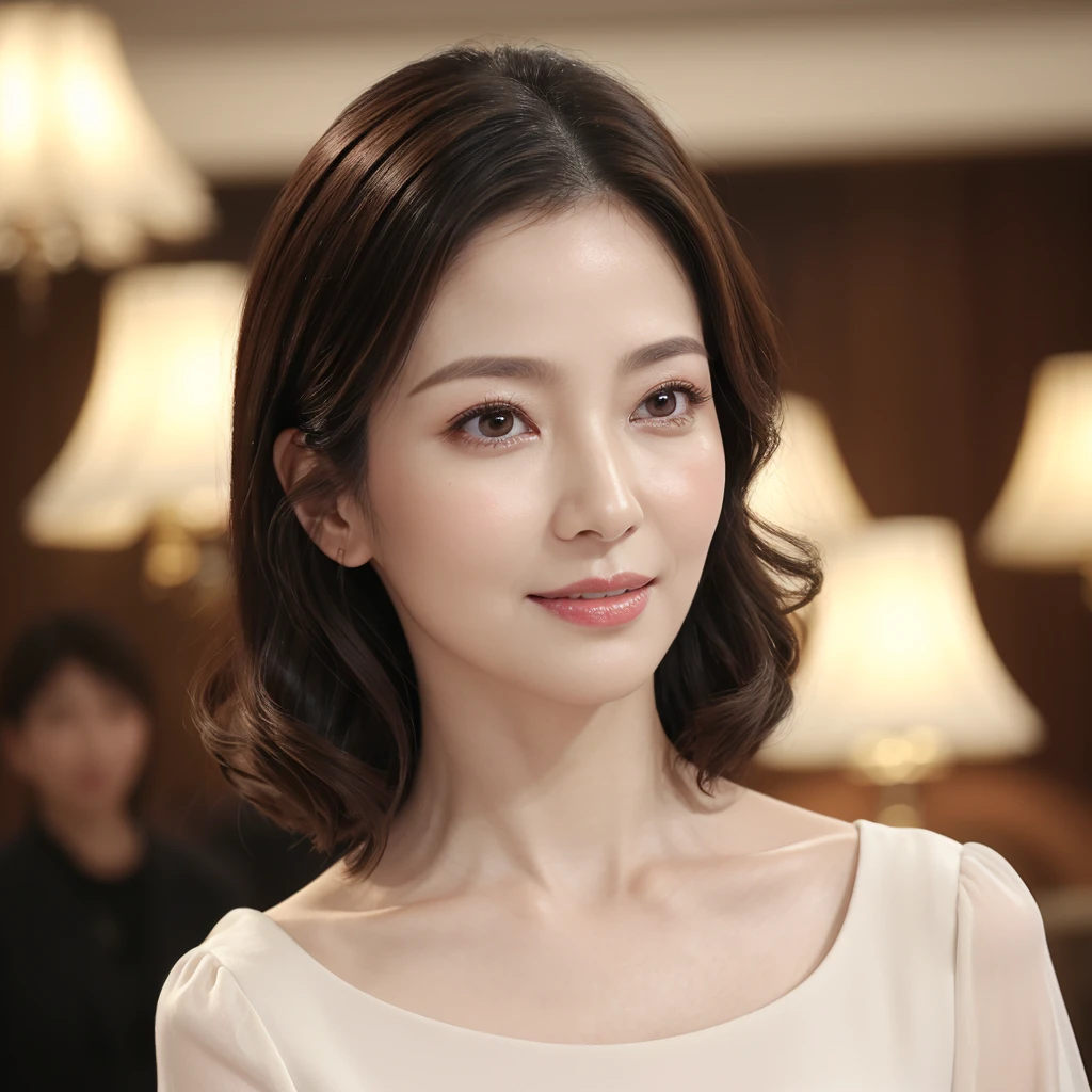 (highest quality、table top、8k、best image quality、Award-winning work)、one beautiful mature woman、(strongly blurred audience background:1.1)、(classy and beautiful perfect outfit:1.1)、Plump and shiny lips、(look away:1.1)、professional lighting、illuminate the face、(Short hair with loose curls:1.1)、(wrinkled face:1.05)、(wrinkles around the eyes:1.05)、(nasolabial folds:1.05)、(small wrinkles:1.05)、(close up of face:1.1)、classy and perfect makeup、Ultra high definition beauty face、ultra high definition hair、Super high-definition sparkling eyes、(Shining ultra-high definition beautiful skin:1.1)、Super high resolution glossy lips、(accurate anatomy:1.1)、ultra high definition hair、Super high definition perfect beautiful teeth