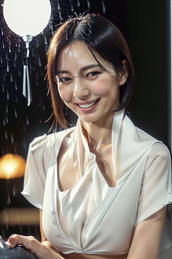 Ultra-realistic front-on portraits taken by a professional photographer。7 heads、Curvy Body, ((Highest quality)), ((masterpiece)), (detailed), (midnight ,A London stall in the dark, drizzling rain under a new moon, Low Key Lighting:1.6)、(looking at viewer, Staring Intently , leaning forward:1.2), (hands on groin:1.6) , A very beautiful, extremely elegant and intelligent 42 year old Japanese woman.。Very intelligent and goddess-like face。(An extremely elegant, calm and modest smile, Being drunk、My eyes are watering、In heat、embarrassed ,blush,Voluptuous body:1.5)、A short, well-groomed, shiny black haircut。The skin is white and very smooth。(Pure white、A short-sleeved business open-collar shirt made of a fairly thin fabric with a wide, deep V-neck:1.9)。 (London in the rain on a very hot summer day、I'm pretty sweaty、Her clothes were soaking wet, and through the extremely thin fabric her skin and navy blue, lacy, high-end underwear were clearly visible.:1.9)。(A long navy pencil skirt with a long slit in the front,The clothes fit the body very well:1.8), (The line of the chest, collarbone and décolletage are extremely beautiful.:1.9)。She is looking straight at the camera with a very shy look on her face.。Light makeup and no piercings,