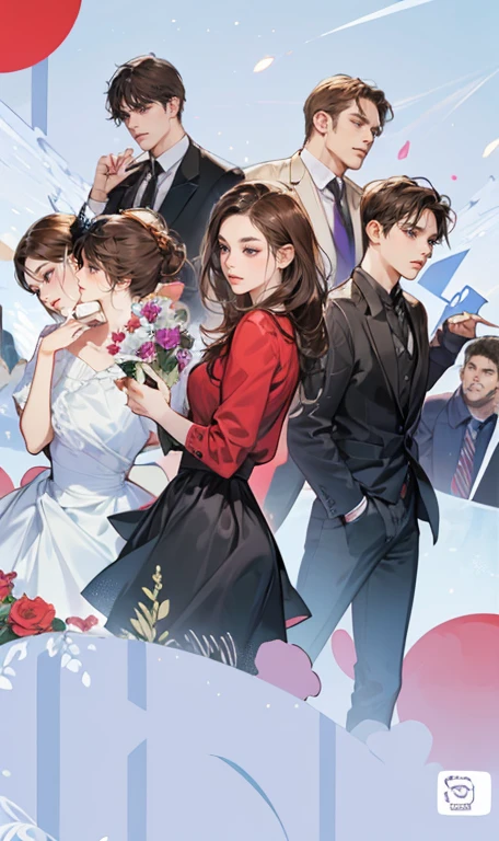 masterpiece, best quality, realistic, 1woman 4 man, mature female, mature male, 25 years old, close his eyes, closed mouth, extremely detailed face, ((dark purple eyes)), ((woman with Black long hair with French twist)), [thin eyebrows woman], accurate, in the town, ((man with black eyes and Short dark brown hair)), [thick eyebrows woman]