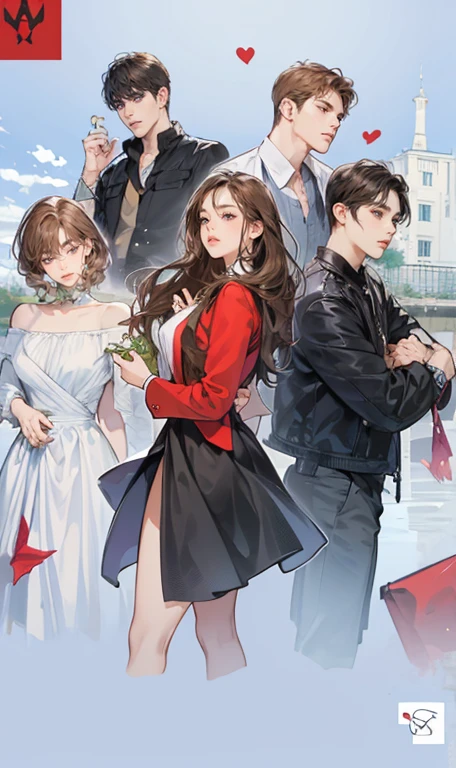 masterpiece, best quality, realistic, 1woman 4 man, mature female, mature male, 25 years old, close his eyes, closed mouth, extremely detailed face, ((dark purple eyes)), ((woman with Black long hair with French twist)), [thin eyebrows woman], accurate, in the town, ((man with black eyes and Short dark brown hair)), [thick eyebrows woman]