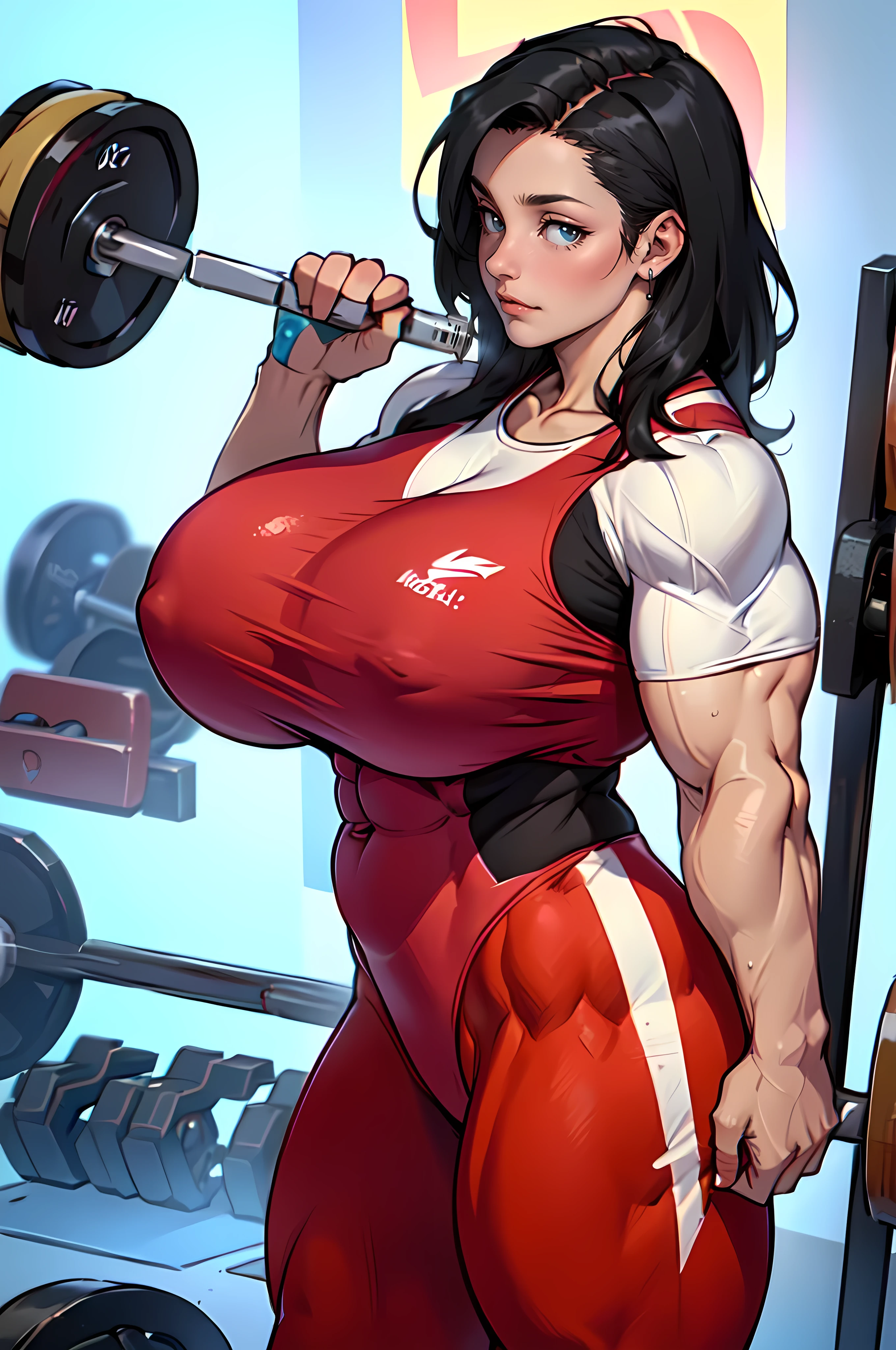 (Massive female bodybuilder:2) girl (huge breasts:2) black hair yellow eyes pale girl tight tshirt embarrassed blush