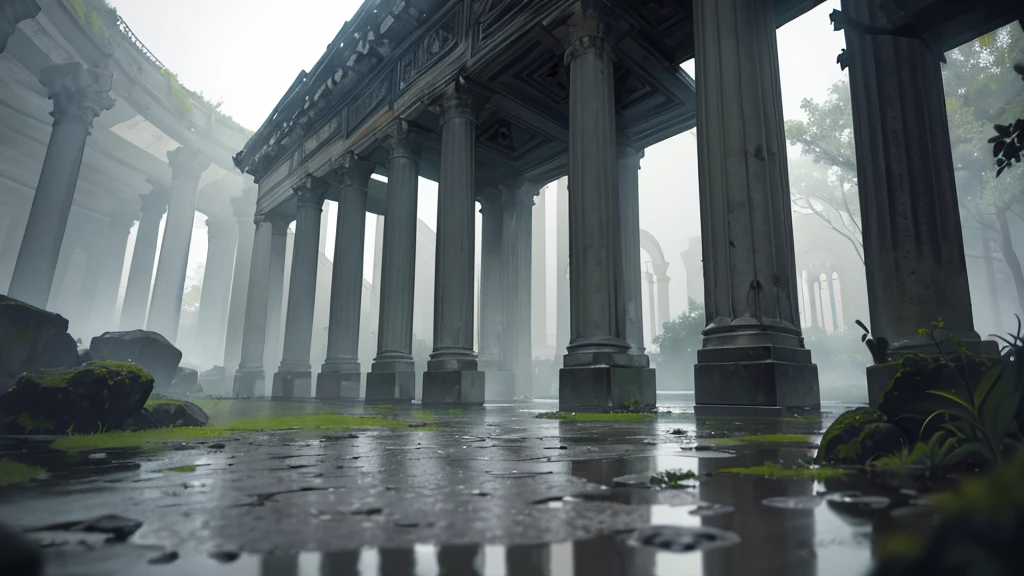 a small tomb in a rainy gloomy pantheon, detailed architecture, old weathered stone, overgrown with moss and vines, puddles on the ground, dark cloudy sky, moody lighting, cinematic composition, dramatic atmosphere, melancholic mood, muted color palette, (best quality,8k,highres,masterpiece:1.2),ultra-detailed,(realistic,photorealistic,photo-realistic:1.37),dramatic lighting,somber,gothic,melancholic