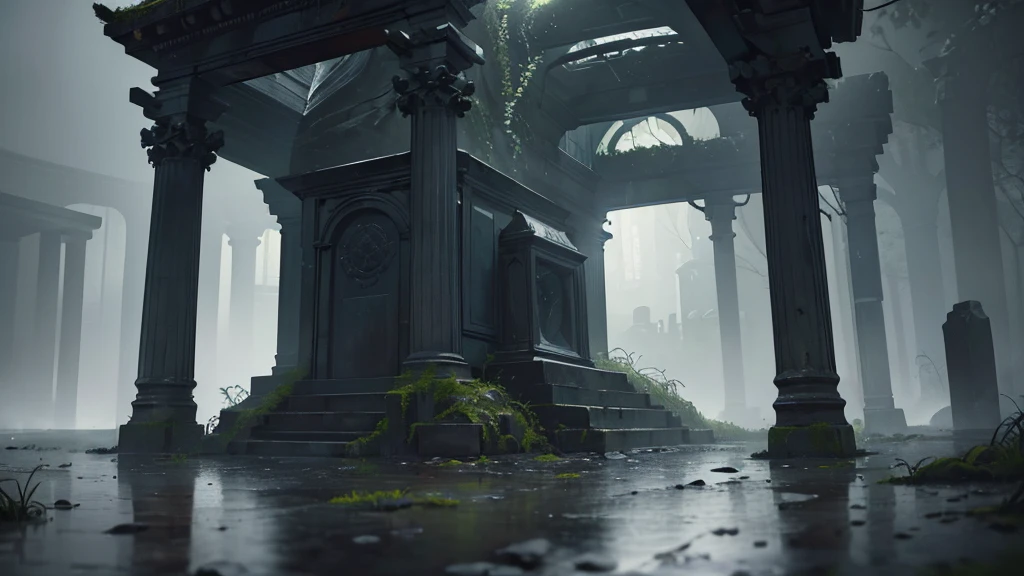 a small tomb in a rainy gloomy pantheon, detailed architecture, old weathered stone, overgrown with moss and vines, puddles on the ground, dark cloudy sky, moody lighting, cinematic composition, dramatic atmosphere, melancholic mood, muted color palette, (best quality,8k,highres,masterpiece:1.2),ultra-detailed,(realistic,photorealistic,photo-realistic:1.37),dramatic lighting,somber,gothic,melancholic