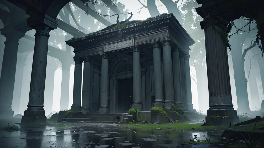 a small tomb in a rainy gloomy pantheon, detailed architecture, old weathered stone, overgrown with moss and vines, puddles on the ground, dark cloudy sky, moody lighting, cinematic composition, dramatic atmosphere, melancholic mood, muted color palette, (best quality,8k,highres,masterpiece:1.2),ultra-detailed,(realistic,photorealistic,photo-realistic:1.37),dramatic lighting,somber,gothic,melancholic