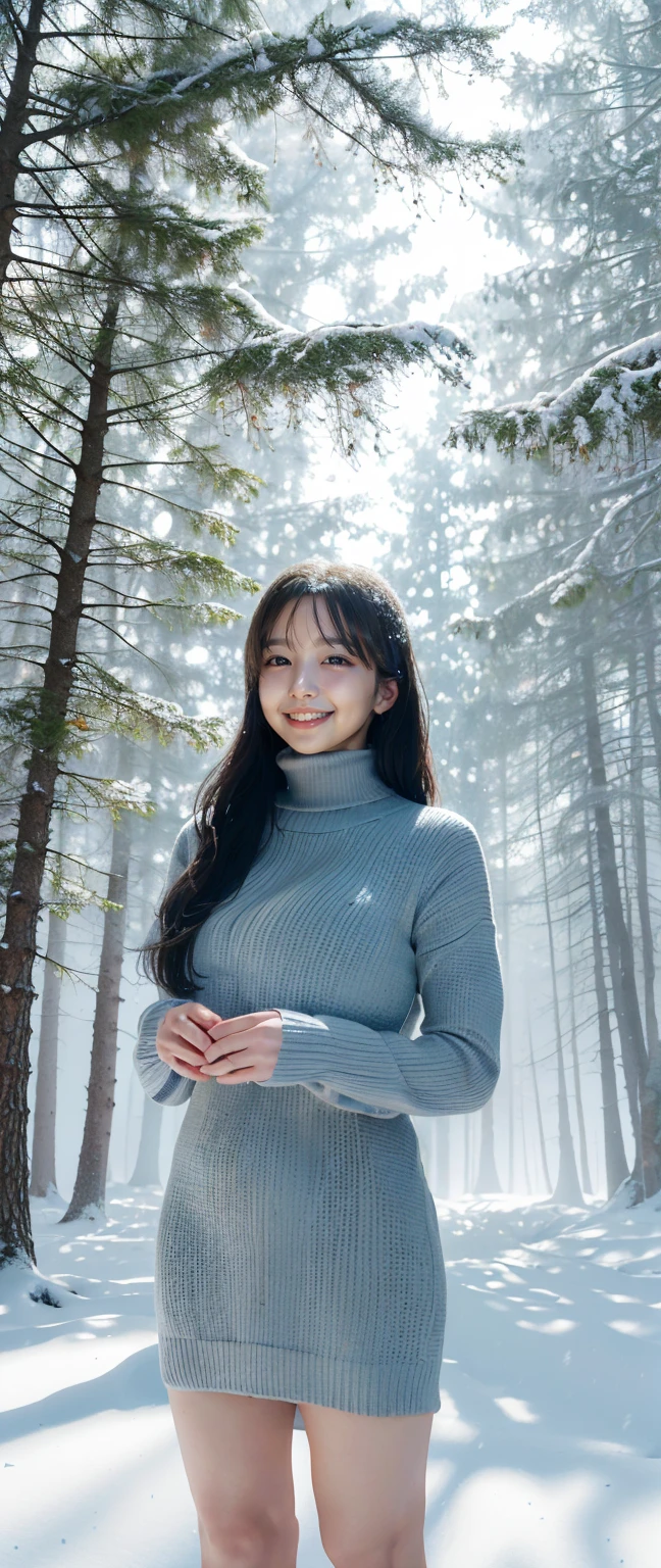 (Highest quality、masterpiece、8K、Best image quality、Hyperrealism、Award-winning works)、1 Girl、(10 year old girl:1.1)、(alone:1.1)、(1 photo:1.1)、(The perfect tight turtleneck knit sweater dress:1.1)、(Standing Elegantly:1.1)、(In a mysterious snowy forest:1.1)、(Mysterious and beautiful snow scenery:1.1)、(A lot of snow has fallen:1.1)、(Mysterious fog:1.1)、(A fantastic and beautiful snowy forest:1.1)、(wood々Beautiful sunlight shining through the gaps:1.1)、(Tyndall effect:1.1)、(It's snowing heavily:1.2)、(Blizzard:1.1)、Spectacular Cinema Lighting、(Shining beautiful snow:1.2)、(The delicate glow of snow:1.2)、(Full body photo of a woman standing gracefully:1.1)、(Accentuate your body lines:1.1)、(Thick legs:1.3)、(Glamorous Body:1.3)、(Very large breasts bigger than a face:1.85)、(Big Ass:1.3)、(Low length:1.2)、(height: 140cm:1.2)、Accurate anatomy、Perfect Makeup、Long eyelashes、Glossy Lips、Ultra HD glossy skin、(Ultra-high definition, bright and beautiful skin:1.1)、超高精細のGlossy Lips、Ultra-high definition beautiful teeth