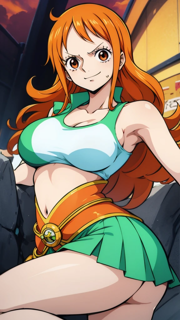 Generate a realistic anime-style image of Nami from One Piece. Capture her distinctive look with orange hair, a shirt, and a cheerful expression. Make sure the picture reflects your adventurous and confident personality as shown in the anime.., whole body, Wide plane , ,  athletic body, Island background, top, Skirt, orange eyes, orange eyes, armpits ,  .