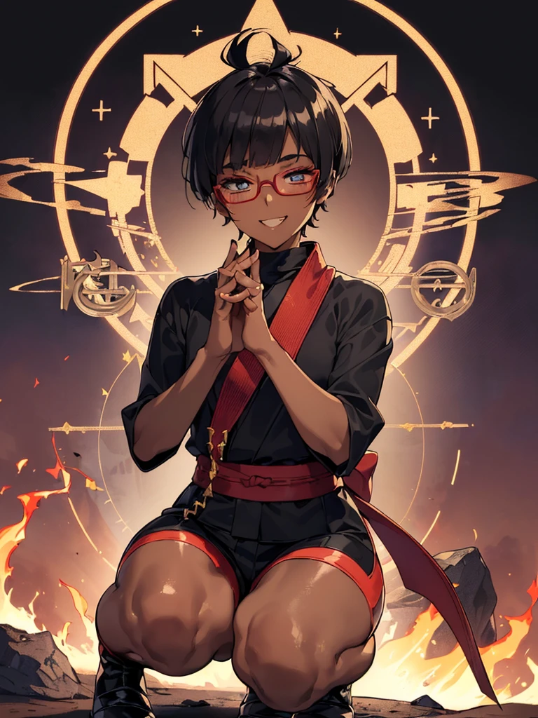 (flat chest:), (masterpiece:1.2), highest quality, High resolution, unity 8k wallpaper, (fine and beautiful eyes:1.6), highly detailed face, perfect lighting, Detailed CG, (perfect hands, perfect anatomy), (1 boy solo:1.4), 20 years old, black hair, extremely beautiful detailfeminine face and eyes, (evil smile:1.4), detailed eyes, best quality,( dark skin:1.8), (turtleneck shirt under yukata:1.2), (bike shorts:1.2), extremely detailed, very precise detailed, (glasses:1.3), blunt bangs, open mouth, (very short pixie cut:1.2), boots,fingerless gloves, smile, (half closed eyes:1.5),(burning fire background:1.3), ,(squat in magic circle on ground:1.3) ,night sky,long sidelocks,(long red Scarf),(yukata),(squatting),(acrobat pose:1.3),(squat:1.3),leaning forward,(one knee dwon:1.5),(Put one foot in front:1.3),(stylish pose:1.4),(Raise only index finger:1.1),(Joining hands:1.5),(retro artstyle:1.2), (1990s \(style\)),