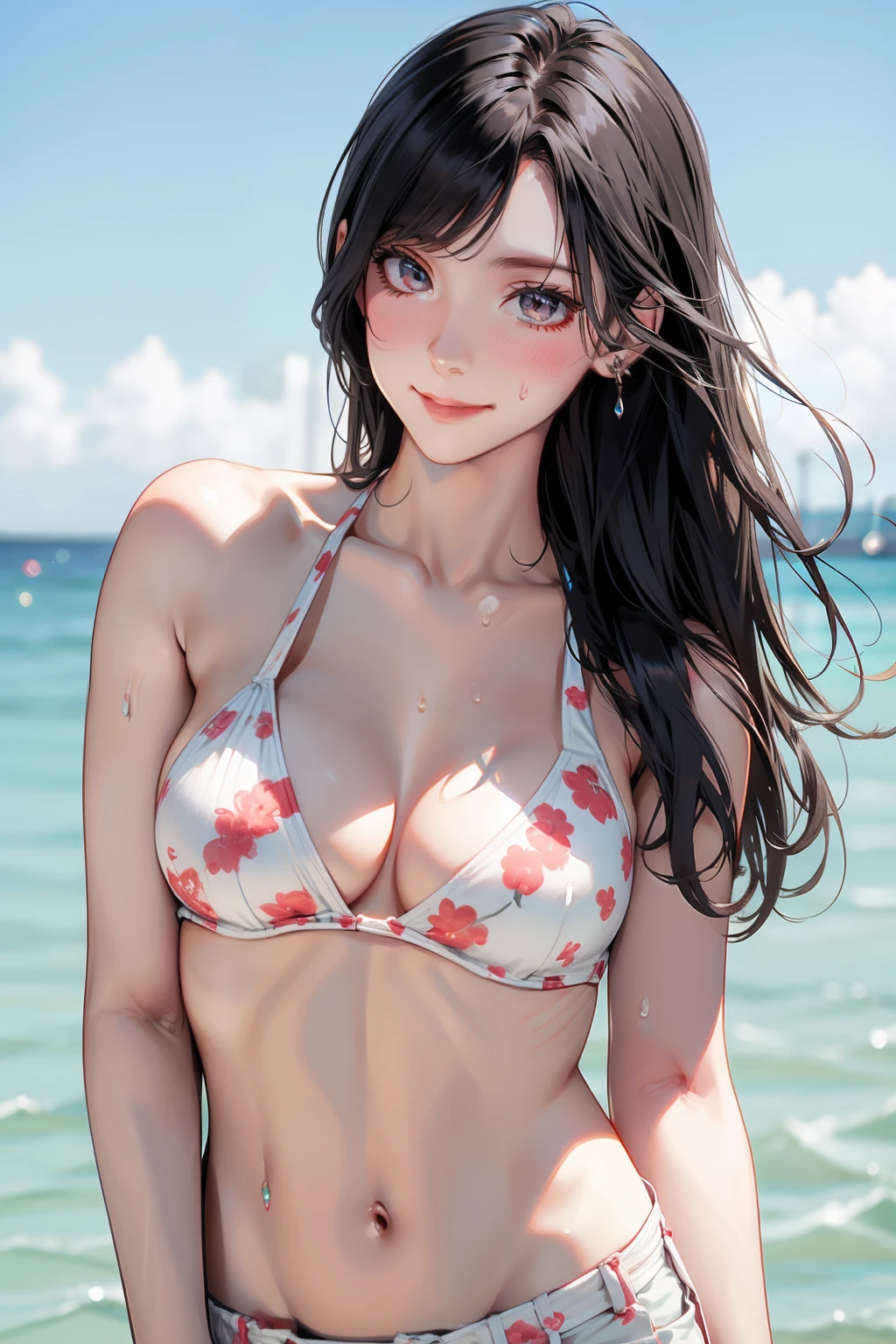 girl, sweat, medium breast, shy, detailed hand, looking at viewer, dynamic shadows, slight smile