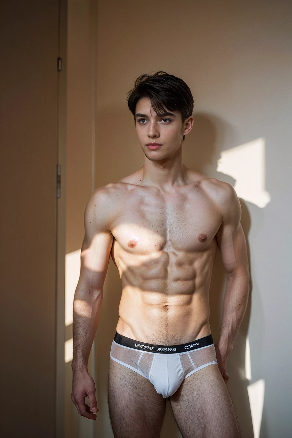 Masterpiece, Best quality, Solo,European Man,white wall background, skinny boy body, muscle body,sport body, big muscle, Handsome face,Black Hair Color,Natural eyes, athletic physique, slender, no body hair, He was wearing tight White Calvin Klein underwear and curved legs., perfect , male , correct male scrotum, perfect scrotum, male structure, short detailed hair, Sexy guy, looking at viewer, standing,highest detail, superior quality, natural lighting, beautiful, sexy, correct anatomy, good composition, man focus,amazing composition, front view, HDR, volumetric lighting, ultra quality, elegant,vpl,the middle of the picture