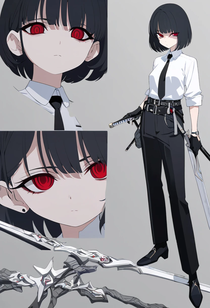 One woman,Dynamic,whole body,Are standing,mysterious,Concept Art,Character Design,Jet black straight hair,The bangs are trimmed to accentuate the eyes.,Well-proportioned face,Sharp Eyes,White shirt,Black tie,Black slacks,Silver cufflinks on the left hand,On the ring finger of her right hand she wears a simple silver ring.。Luxury watches,Black leather shoes,beltでウエストラインを強調,Stylish,Red eyes,belt,Stylish,Simple background gray,Details,Okabo Hair,Half-open eyes,Cool appearance,,Black gloves,Short Hair,Narrow eyes,Accentuated body lines,Has a sword on his waist,