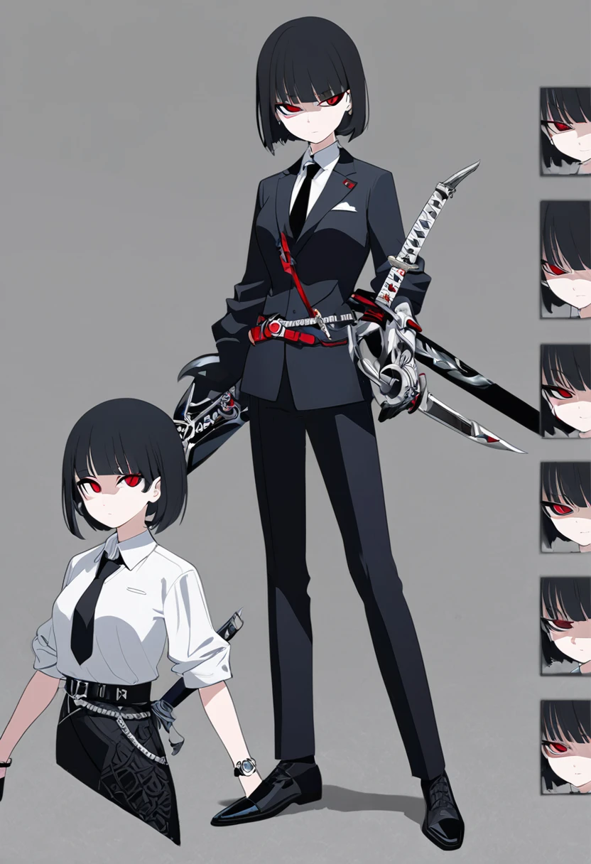 One woman,Dynamic,whole body,Are standing,mysterious,Concept Art,Character Design,Jet black straight hair,The bangs are trimmed to accentuate the eyes.,Well-proportioned face,Sharp Eyes,White shirt,Black tie,Black slacks,Silver cufflinks on the left hand,On the ring finger of her right hand she wears a simple silver ring.。Luxury watches,Black leather shoes,beltでウエストラインを強調,Stylish,Red eyes,belt,Stylish,Simple background gray,Details,Okabo Hair,Half-open eyes,Cool appearance,,Black gloves,Short Hair,Narrow eyes,Accentuated body lines,Has a sword on his waist,
