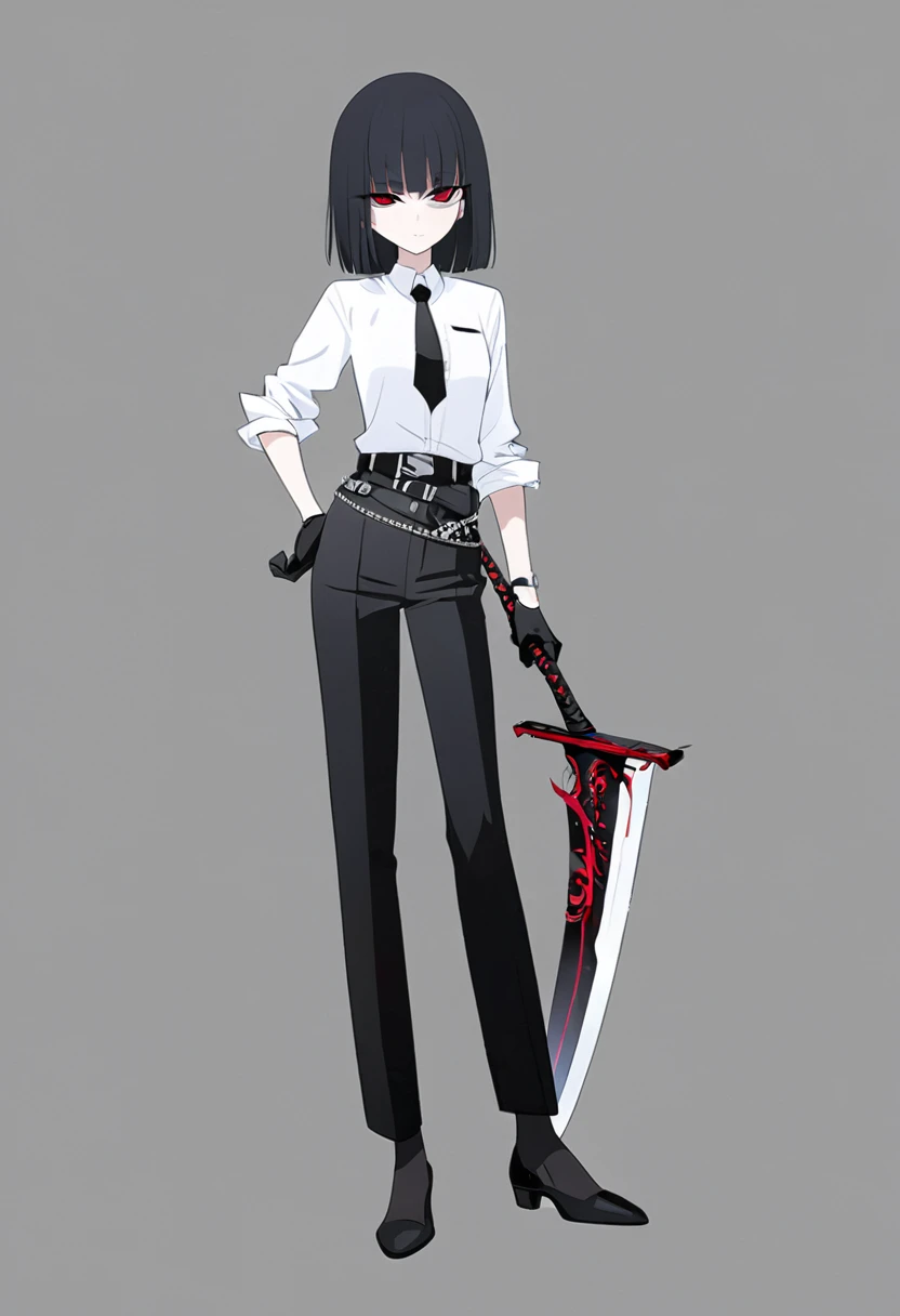 One woman,Dynamic,whole body,Are standing,mysterious,Concept Art,Character Design,Jet black straight hair,The bangs are trimmed to accentuate the eyes.,Well-proportioned face,Sharp Eyes,White shirt,Black tie,Black slacks,Silver cufflinks on the left hand,On the ring finger of her right hand she wears a simple silver ring.。Luxury watches,Black leather shoes,beltでウエストラインを強調,Stylish,Red eyes,belt,Stylish,Simple background gray,Details,Okabo Hair,Half-open eyes,Cool appearance,,Black gloves,Short Hair,Narrow eyes,Accentuated body lines,Has a sword on his waist,