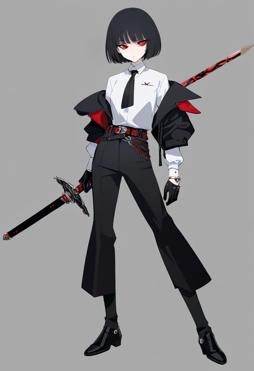 One woman,Dynamic,whole body,Are standing,mysterious,Concept Art,Character Design,Jet black straight hair,The bangs are trimmed to accentuate the eyes.,Well-proportioned face,Sharp Eyes,White shirt,Black tie,Black slacks,Silver cufflinks on the left hand,On the ring finger of her right hand she wears a simple silver ring.。Luxury watches,Black leather shoes,beltでウエストラインを強調,Stylish,Red eyes,belt,Stylish,Simple background gray,Details,Okabo Hair,Half-open eyes,Cool appearance,,Black gloves,Short Hair,Narrow eyes,Accentuated body lines,Has a sword on his waist,