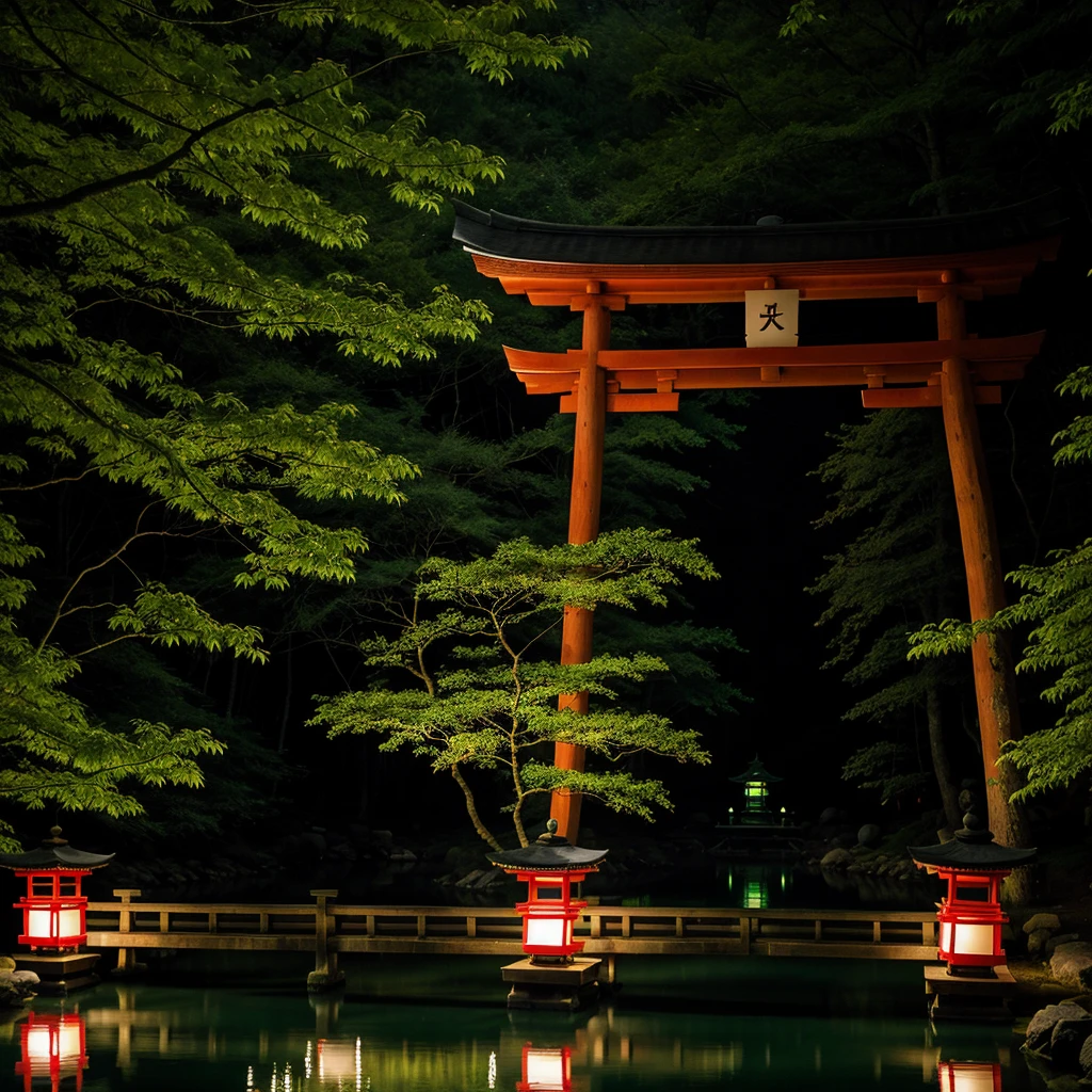 The lantern of Yomi-no-Kuni in a lake with lampions and lights in a green forest with green trees with white lanterns on it with red accents with a torii gate in the middle