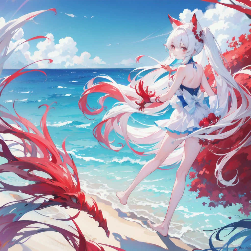 One girl, red, Ocean, Ocean, style: watercolor, Oceangulls, Promenade, turn around, barefoot, dress, mksks style, masterpiece, Highest quality, Very detailed, figure, Realistic