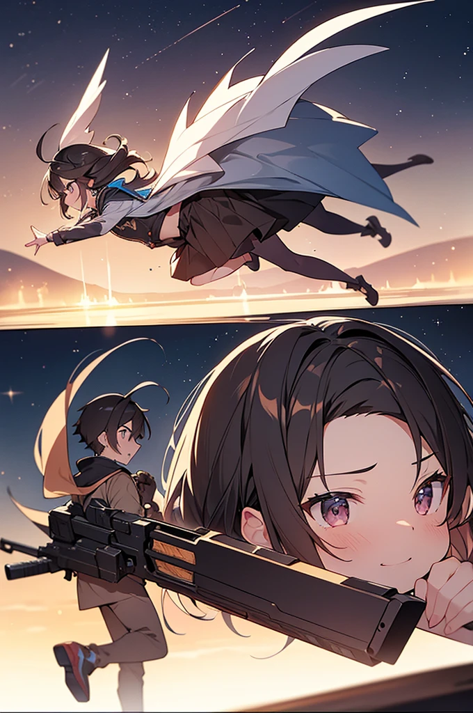 anime style, super fine illustration, highly detailed, dynamic angle, beautiful detailed, 8K, In the midnight, on a 火星 with the midnight over the desert, BREAK a couple is running angry. The woman is leading, and the man is chasing her. BREAK Both are angry broadly, their laughter echoing. BREAK The desert are shimmering hardly, and the sky is dyed black.chibi chibi chibi chibi chibi, lolii lolli,mapieceterpiece masterpiece,best quality best quality best quality best quality best quality,8K,16K,super fine illustration,detailed background,detailed shiny skin,beautiful background,BREAK,around tank,army jacket,holding_weapon,