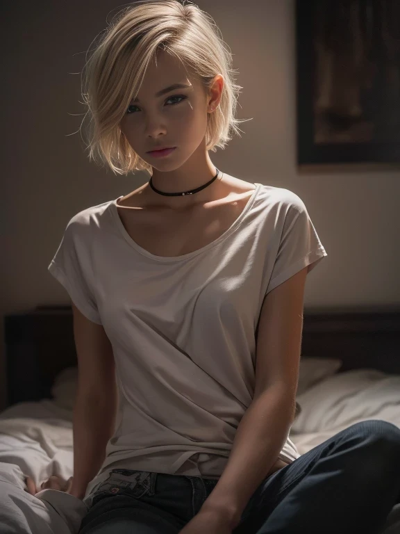 full body shot, 1 young girl, blonde hair, white tshirt, flat chested, 18yo (best quality:1) , (masterpiece:1), (ultra detailed:1), photorealism, upper body, (looking at viewer:1.1), (indoors, night, darkness, dark room:1.2), side on, short hair, choker, atmospheric lighting, moody and gritty, low key lighting
