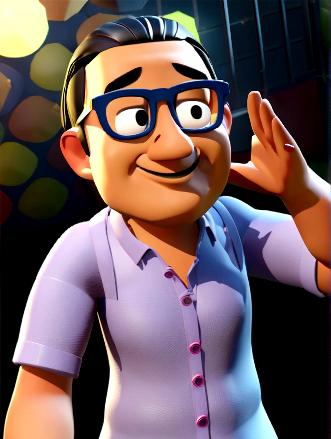 Cartoon character of a man in black glasses and blue shirt, an animated character, stylized character, animation style rendering, 3d stylized, Arnold Maya rendering, Stylized 3D rendering, toon render screenshot, 3d character, 3d character, Stylized 3D rendering, 3D character rendering, cartoon character, Personagem de close up, character posing, (Pixar-style) (master part:1.2) (bokeh) (best qualityer) (skin detailed) (detailed texture) (8K) (Argilla) (cinematic lighting) (sharp focus,Sit down and lift your upper body