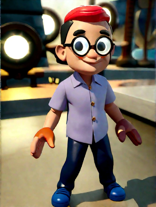 Cartoon character of a man in black glasses and blue shirt, an animated character, stylized character, animation style rendering, 3d stylized, Arnold Maya rendering, Stylized 3D rendering, toon render screenshot, 3d character, 3d character, Stylized 3D rendering, 3D character rendering, cartoon character, Personagem de close up, character posing, (Pixar-style) (master part:1.2) (bokeh) (best qualityer) (skin detailed) (detailed texture) (8K) (Argilla) (cinematic lighting) (sharp focus，Sit down and lift your upper body