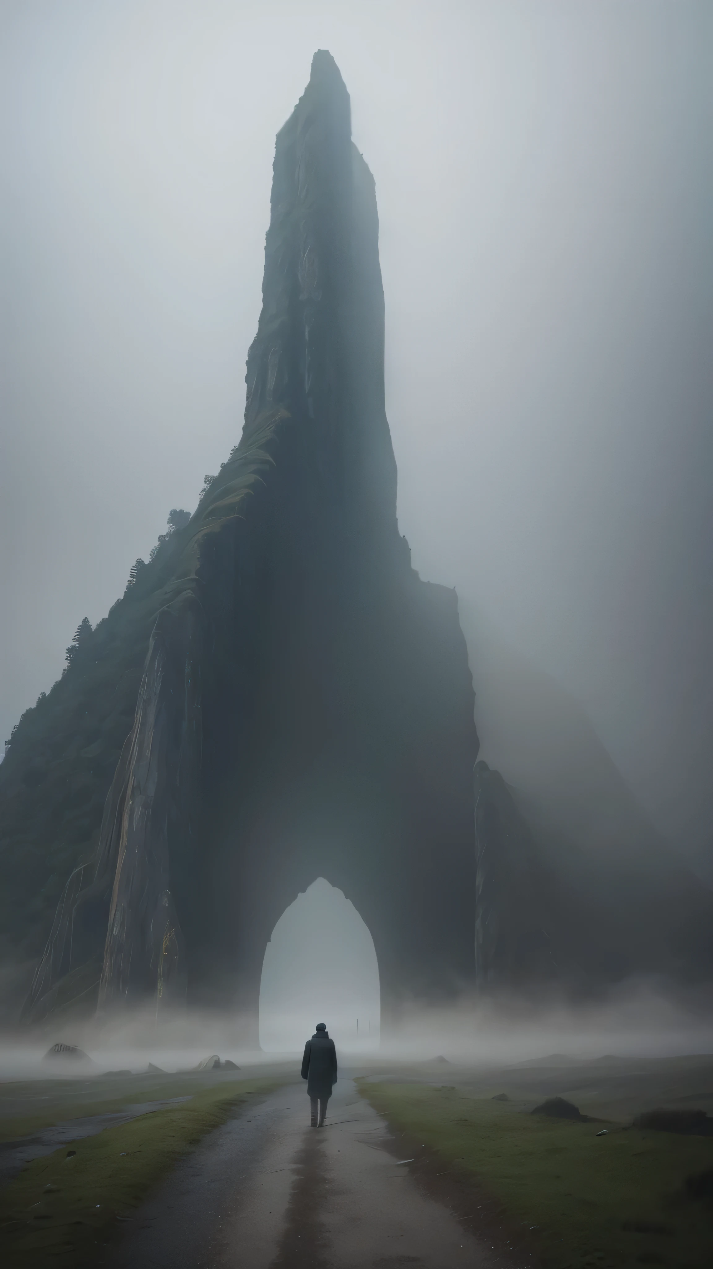 Faint hint of a lonely wanderer walking in the direction of an ridiculous enormously ruinscape sculpture of a face in the distant mist and fog, cinematic