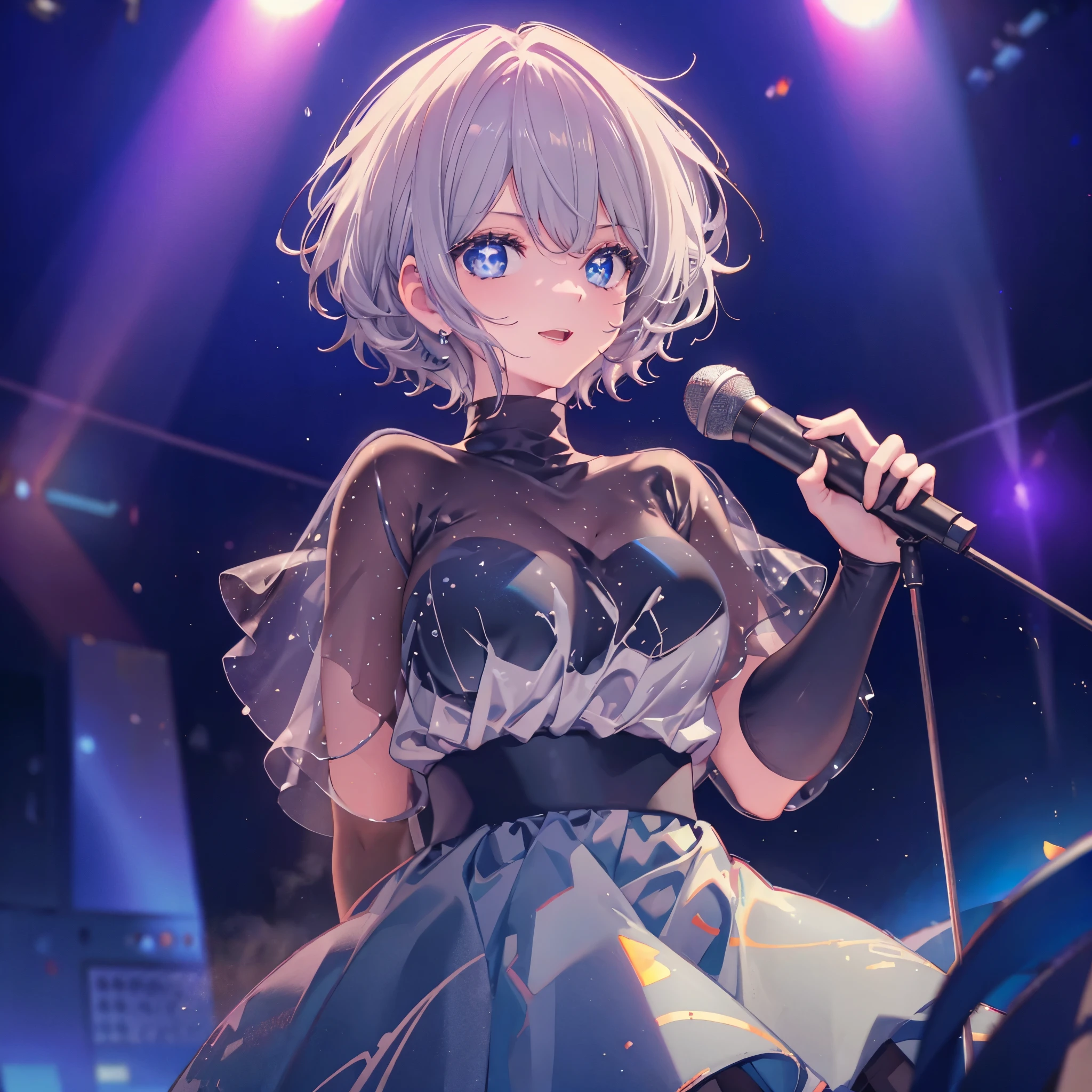 (((1 person　Gray Hair　dress　singer　blue eyes　Hold the microphone)))　((High resolution　short hair　青いdress　Black Skirt　Rin々Funny face))　((Close-up))　((Shining Aura　On stage))　(smile　Exposure to blue light)　Shining Background　Shining Edge