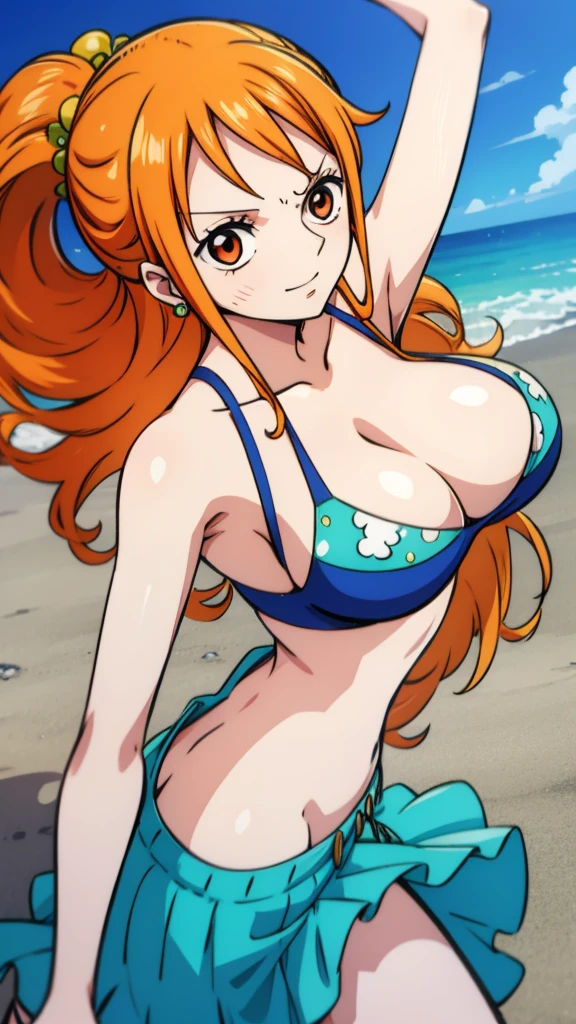 Generate a realistic anime-style image of Nami from One Piece. Capture her distinctive look with orange hair, a shirt, and a cheerful expression. Make sure the picture reflects your adventurous and confident personality as shown in the anime.., whole body, Wide plane , NSFW, Curvy athletic body, Island background,bra top, Skirt, orange eyes, orange eyes, armpits , ass .