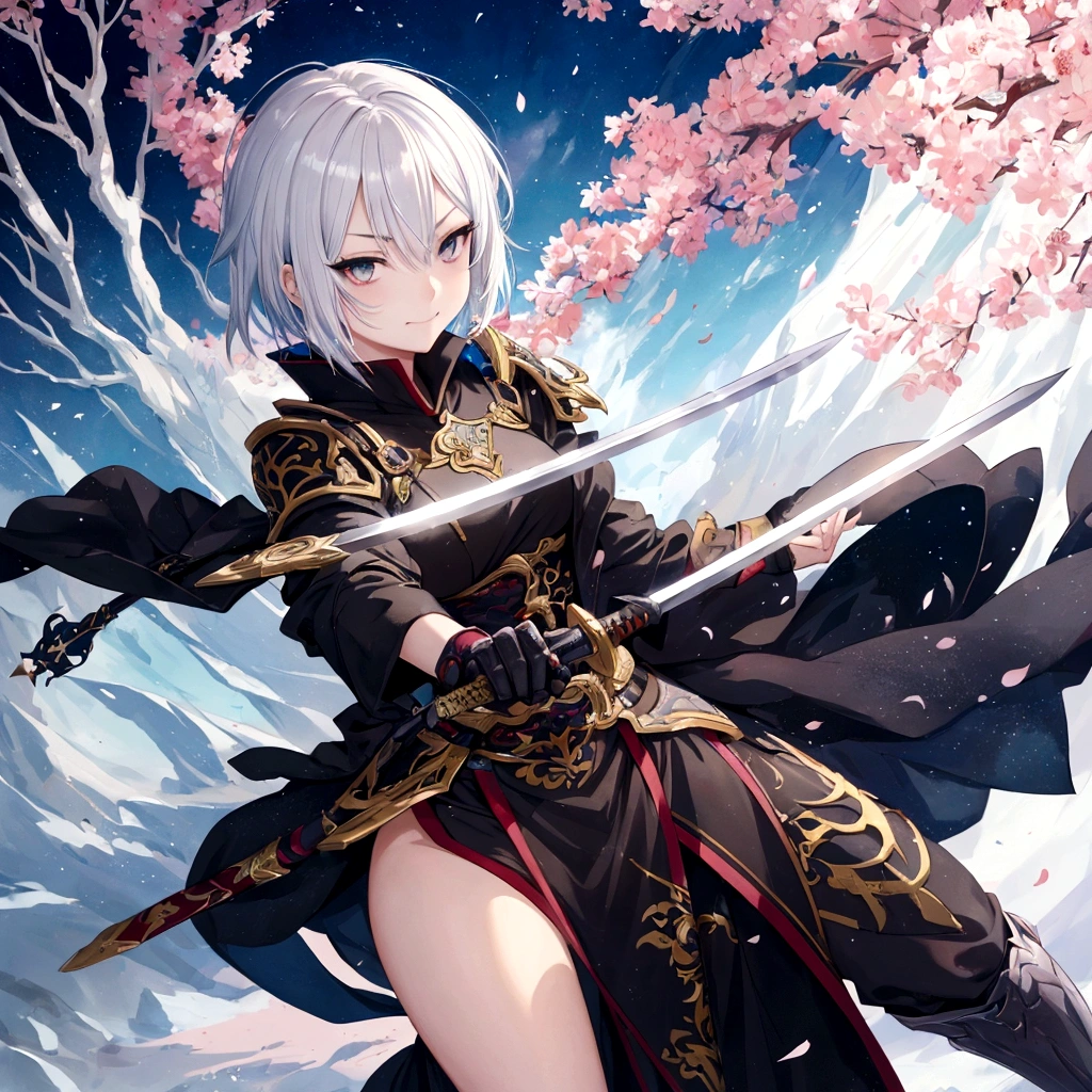 a close up of a person with a sword, by Shitao, pixiv, auto-destructive art, girl with short white hair, fullbody commission for, smirk expression, full color illustration, anime style”