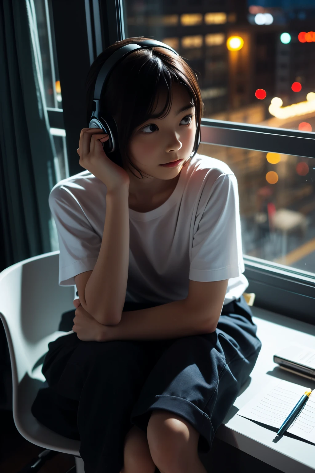Draw a picture of a person wearing headphones，Picture of sitting alone by the window at night，Comic Style