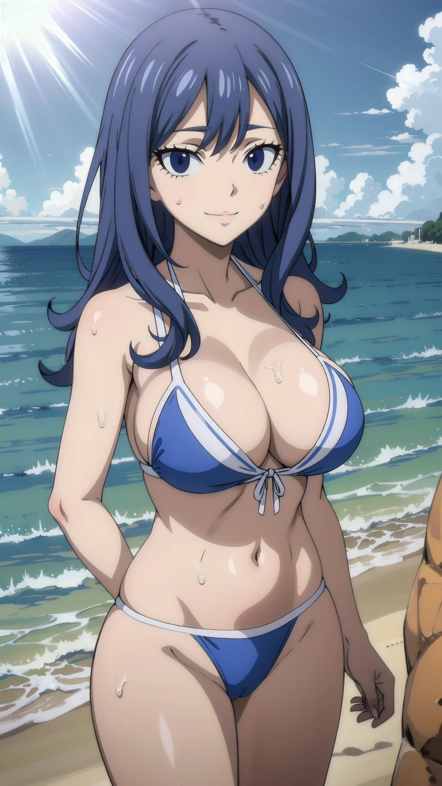 masterpiece, absurdres , (intricate details), (colorful),cinematic lighting,bust shot,extremely detailed CG unity 8k wallpaper, juviagmg, 1girl, Smiling, looking at the viewer, blue theme, blue background, cloudy sky, sunlight, sweat, ????????, ?????? swimsuit, ?????????????, cleavage, belly button exposed, collarbone, thighs, sea and beach,