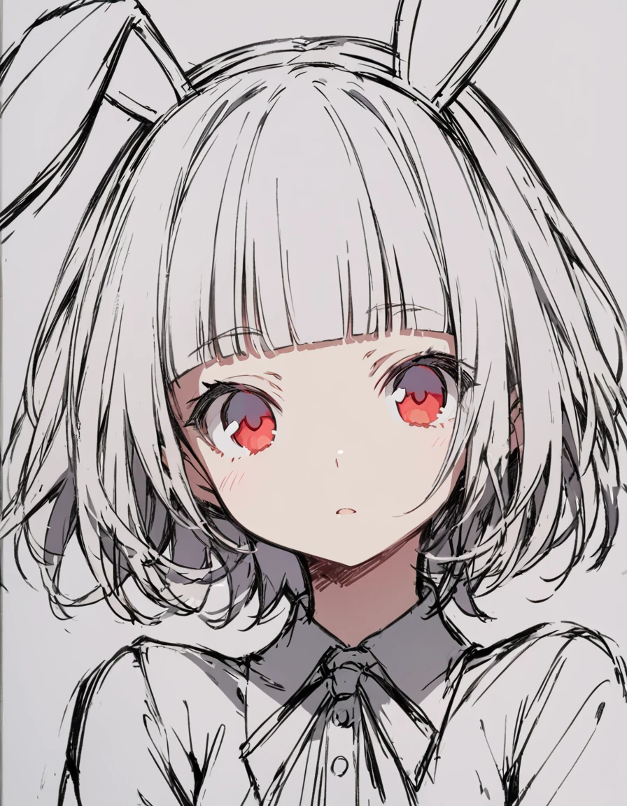 Bunny ears girl(Sketches), (Open Close), (Small body), (White Hair:1.5) (Short Hair:1.4), (Red eyes)(Blunt bangs:1.3)Horns from the forehead