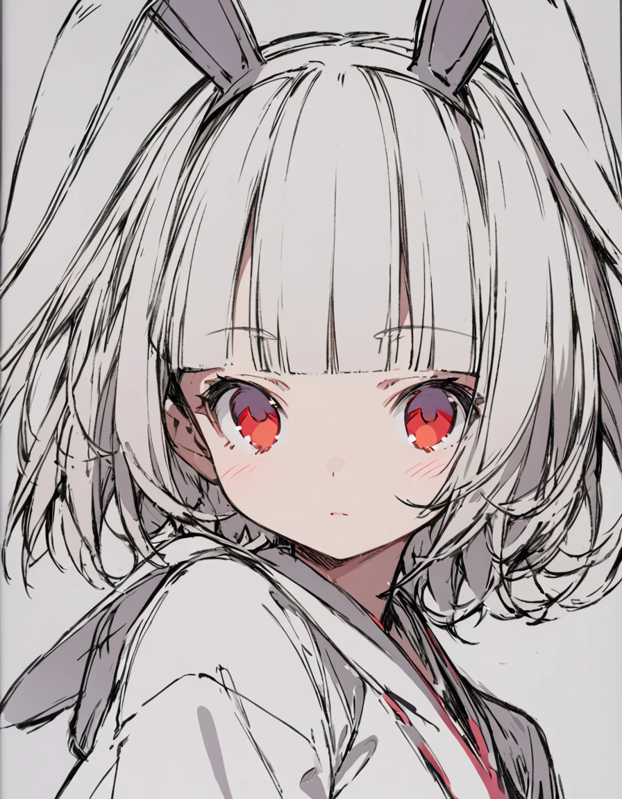 Bunny ears girl(Sketches), (Open Close), (Small body), (White Hair:1.5) (Short Hair:1.4), (Red eyes)(Blunt bangs:1.3)Horns from the forehead