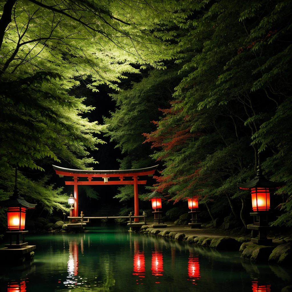 The lantern of Yomi-no-Kuni in a lake with lampions and lights in a green forest with green trees with white lanterns on it with red accents with a torii gate in the middle with light shafts swinging through the trees and the forest
