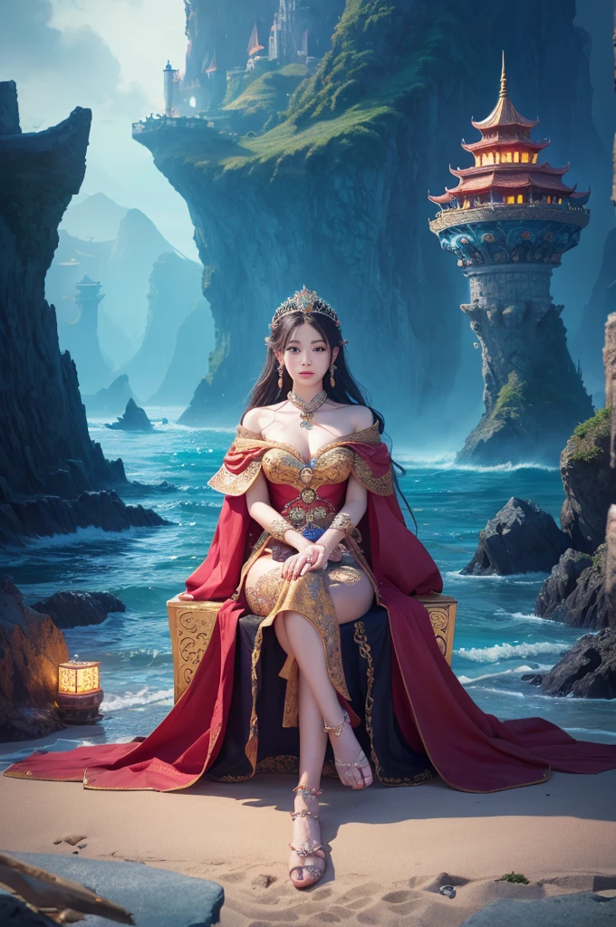 There is a woman sitting on the beach holding a watch, Queen of the Sea Mu Yanling, Beautiful digital art, Highly detailed digital art in 4K, Beautiful Fantasy Empress, 8k high quality detailed art, Fantasy Beautiful, Jan J, Beautiful and gorgeous digital art, Gwaiz, artwork in the style of Gwaiz, Beautiful fantasy art, Chinese Fantasy