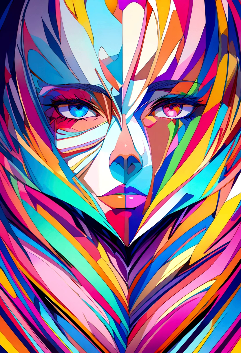 Close-up of half of a bear's face blending into the background. Vivid bright colors, abstract lines