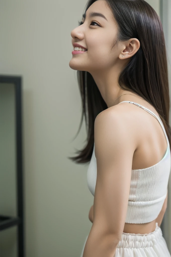 Innocent 20 year old girl、((White tank top, Dramatic poses)),Smile,short-cut,Natural park、Raw photo, (8K、top-quality、masterpiece:1.2)、(intricate detailes:1.4)、(Photorealsitic:1.4)、octane renderings、Complex 3D rendering ultra detail, Studio Soft Light, Rim Lights, vibrant detail, super detailing, realistic skin textures, Detail Face, Beautiful detail eyes, Very detailed CG Unity 16k wallpaper, make - up, (detailedbackground:1.2), shinny skin, Full body、cleavage of the breast,((Standing with hands folded behind your back、Leaning forward、Angle from above))