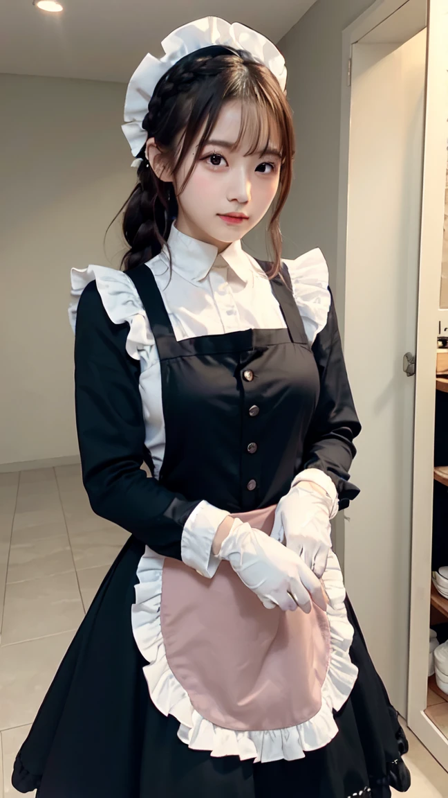 One Girl, apron, Black dress, blush, Braiding, dress, Eyebrows visible through hair, Frills, gloves, Hair between the eyes, jewelry, Juliet Sleeve, Long sleeve, Maid, Maid apron, maid's headdress, Puffy sleeves, short hair, Sitting, White apron, window, Huge 、Nogizaka Idol、Korean Idol、Burning idol pose、actress、Age 25、expensive、Cafe、restaurant, Official Art,Highly detailed CG Unity 8K wallpaper, (masterpiece:1.0),(highest quality:1.0), photo shoot, 8K, Browsing Caution, High resolution, Kodak Portrait 400, Film Grain, Lens flare brilliance,Show Viewer
