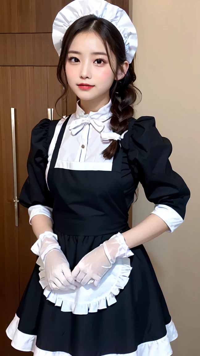 One Girl, apron, Black dress,  blush, Braiding, dress, Eyebrows visible through hair, Frills, gloves, Hair between the eyes, jewelry, Juliet Sleeve, Long sleeve, Maid, Maid apron, maid's headdress, Puffy sleeves, short hair, Sitting, White apron, window, Huge 、Nogizaka Idol、Korean Idol、Burning idol pose、actress、Age 25、expensive、Cafe、restaurant, Official Art，Highly detailed CG Unity 8K wallpaper, (masterpiece:1.0),(highest quality:1.0), photo shoot, 8K, Browsing Caution, High resolution, Kodak Portrait 400, Film Grain, Lens flare brilliance,Show Viewer