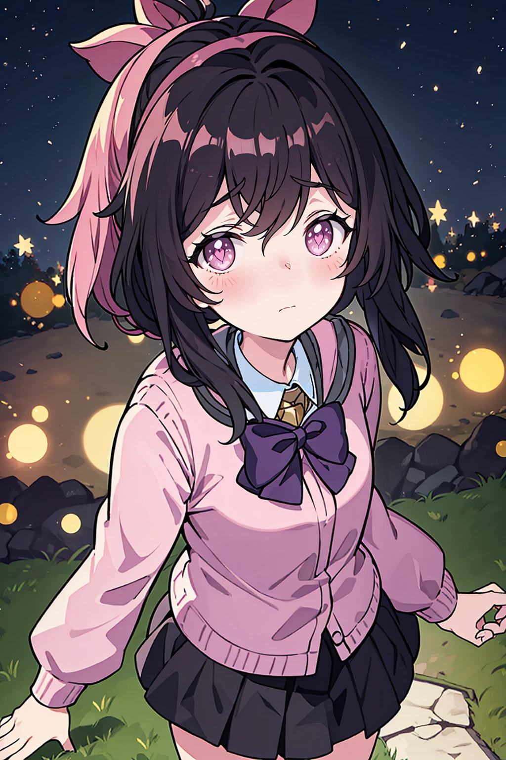 Masterpiece, best quality, high quality, 1 girl, a in pink jacket walking around in a dog park in the middle of the night, from above, lonely, dark sorrounding, peace, extremely detailed CG uniform 8k wallpaper, award winning photography, bokeh, depth of field, HDR, bloom,trending on artstation, trending on CGsociety, Intricate, High Detail, dramatic