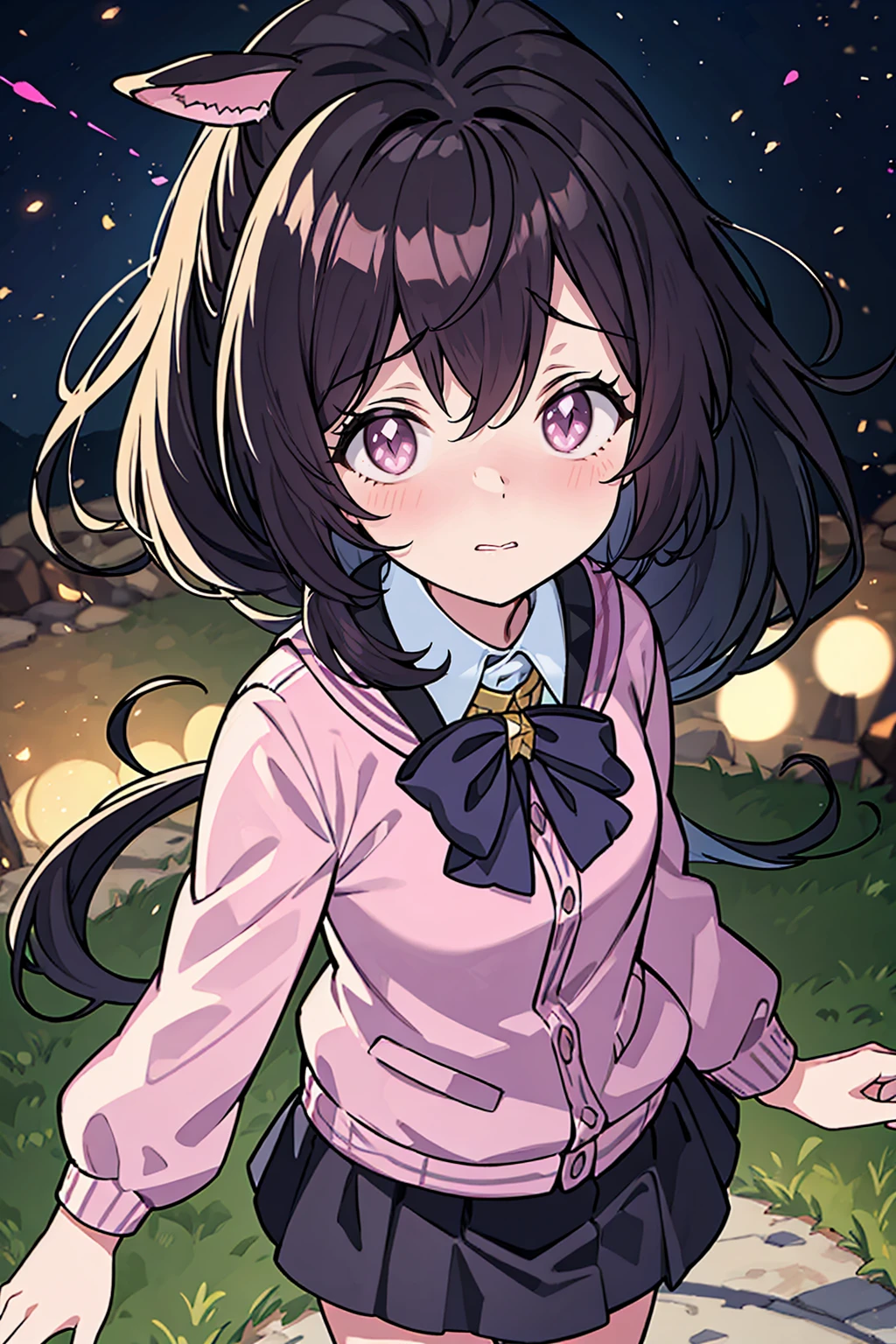 Masterpiece, best quality, high quality, 1 girl, a loli in pink jacket walking around in a dog park in the middle of the night, from above, lonely, dark sorrounding, peace, extremely detailed CG uniform 8k wallpaper, award winning photography, bokeh, depth of field, HDR, bloom,trending on artstation, trending on CGsociety, Intricate, High Detail, dramatic
