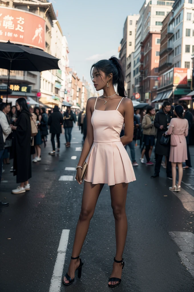 (((best quality))),(((ultra detailed))),(((masterpiece))),illustration,1girl,slim,vibrant cotton pink dress,short ponytail,flat chest,pantyhose,standing, bustling city streets, honking cars,surrounded by crowded crowds, colorful advertisements,enjoying sights and sounds,(dark black skin:1.5),(day scene:1.3),full body,arms behind back,sunshine,slender legs,sandals,sunshine
