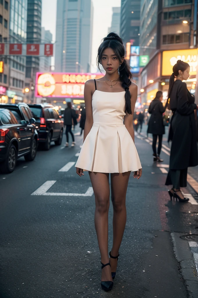 (((best quality))),(((ultra detailed))),(((masterpiece))),illustration,1girl,slim,vibrant cotton pink dress,short ponytail,flat chest,pantyhose,standing, bustling city streets, honking cars,surrounded by crowded crowds, colorful advertisements,enjoying sights and sounds,(dark black skin:1.5),(day scene:1.3),full body,arms behind back,sunshine,slender legs,sandals,sunshine