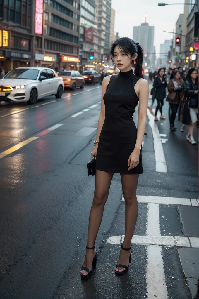 (((best quality))),(((ultra detailed))),(((masterpiece))),illustration,1girl,slim,vibrant cotton pink dress,short ponytail,flat ,pantyhose,standing, bustling city streets, honking cars,surrounded by crowded crowds, colorful advertisements,enjoying sights and sounds,(dark black skin:1.5),(day scene:1.3),full body,arms behind back,sunshine,slender legs,sandals,sunshine