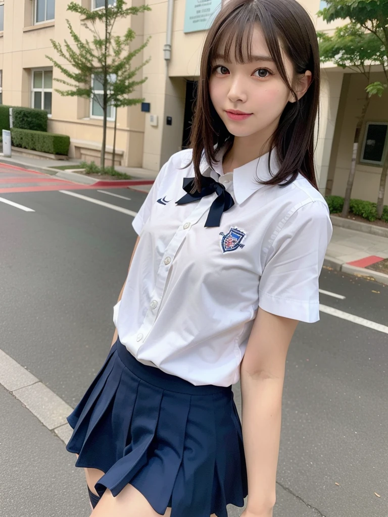 ((Best of the highest quality, 8k, Masterpiece, raw photo: 1.2)), (Sharp focus: 1.2), (1 AESPA, slim body type female, 21 y/o: 1.1), (Solo: 1.28), (realistic, photo-realistic:1.37), face focus, cute face, finely eyes, (droopy eyes: 1.32), (Emphasize prominent aegyo-sal with bright: 1.2), shimmering eyeshadow applied under the lower lash line, paired with thick, (small breasts, flat chest, Thigh: 1.3), (short messy hair, bangs: 1.28), (wearing school uniform shirt, panties: 1.32), (ribbon: 1.1), walking terrace dining, flower, (from behind: 1.16)