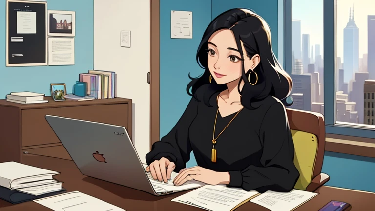 In the background there are many desks and people, Beautiful black-hair woman in her 30s sitting chair in an spacious and colorful office. looking down, relaxed atmosphere, cozy, LOFI girl, blouse, desk, documents, laptop, watch, smartphone, stationery, wide glass window, only five fingers, New York, colorful, can see skyscrapers outside the window, colorful wall, pierced earrings, ring, cabinet, offee cup, Well-proportioned face, Unbroken fingers, unbroken fingers, beautiful captured fingers, White skin, Japanese, She has nothing in her hands, Only two hands